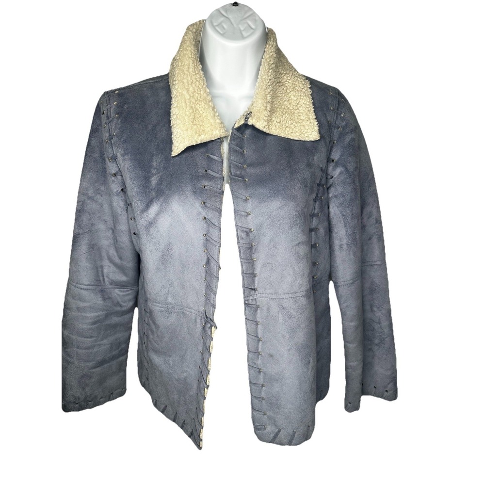 Vintage Blue Faux Suede Crop Jacket Faux Shearling Lined Sz Small Soft & Stylish